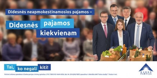 Šių metų Darbo partijos rinkiminių plakatų pirmosiose eilėse Viktorą Uspaskichą pakeitė jo politinė krikštaduktė Ieva, kaip gėlelė apsupta keturių partijos lyderių – Valentino Mazuronio, Artūro Paulausko, Kęstučio Daukšio ir Vytauto Gapšio. Darbo partijos nuotr.