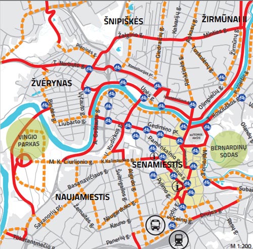 Aktyviausiai naudojami dviračių takai Vilniuje. Vilnius.lt žemėlapis.