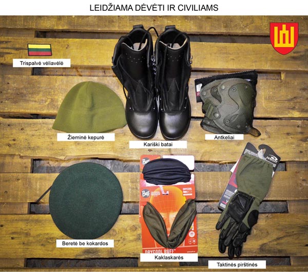 Kario uniformos detalės, kurias Lietuvoje leidžiama dėvėti civiliams. KAM nuotr.
